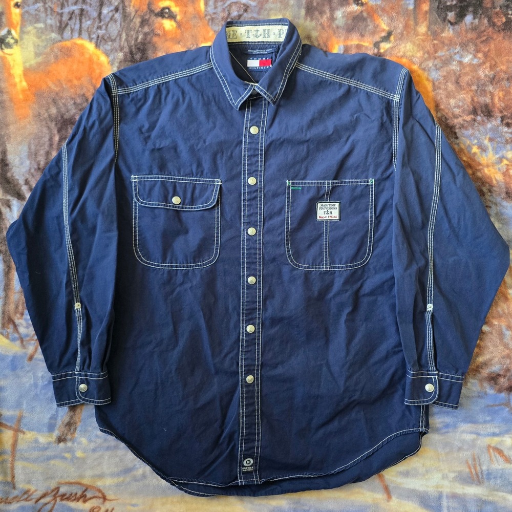 Vintage Tommy Hilfiger 90s Maritime Provisions Denim Blue Button Up sz XL